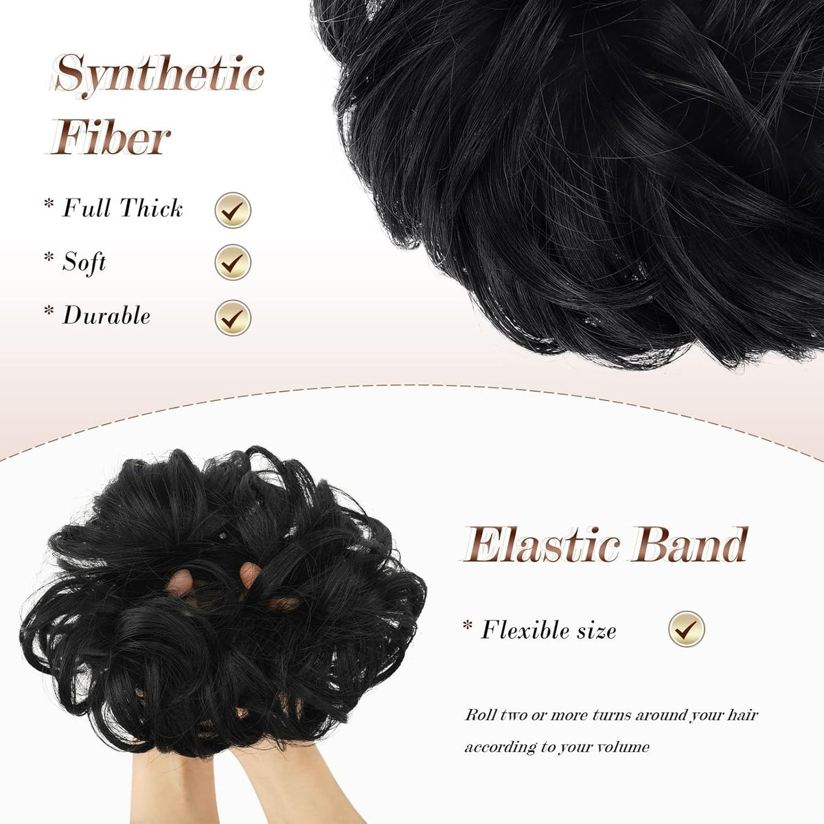 Messy Bun Hair Piece - Elastic Wavy Curly Hair Bun Scrunchies Extensions Synthetic Chignon Hairpieces for Women Girls, Black 1 PCS