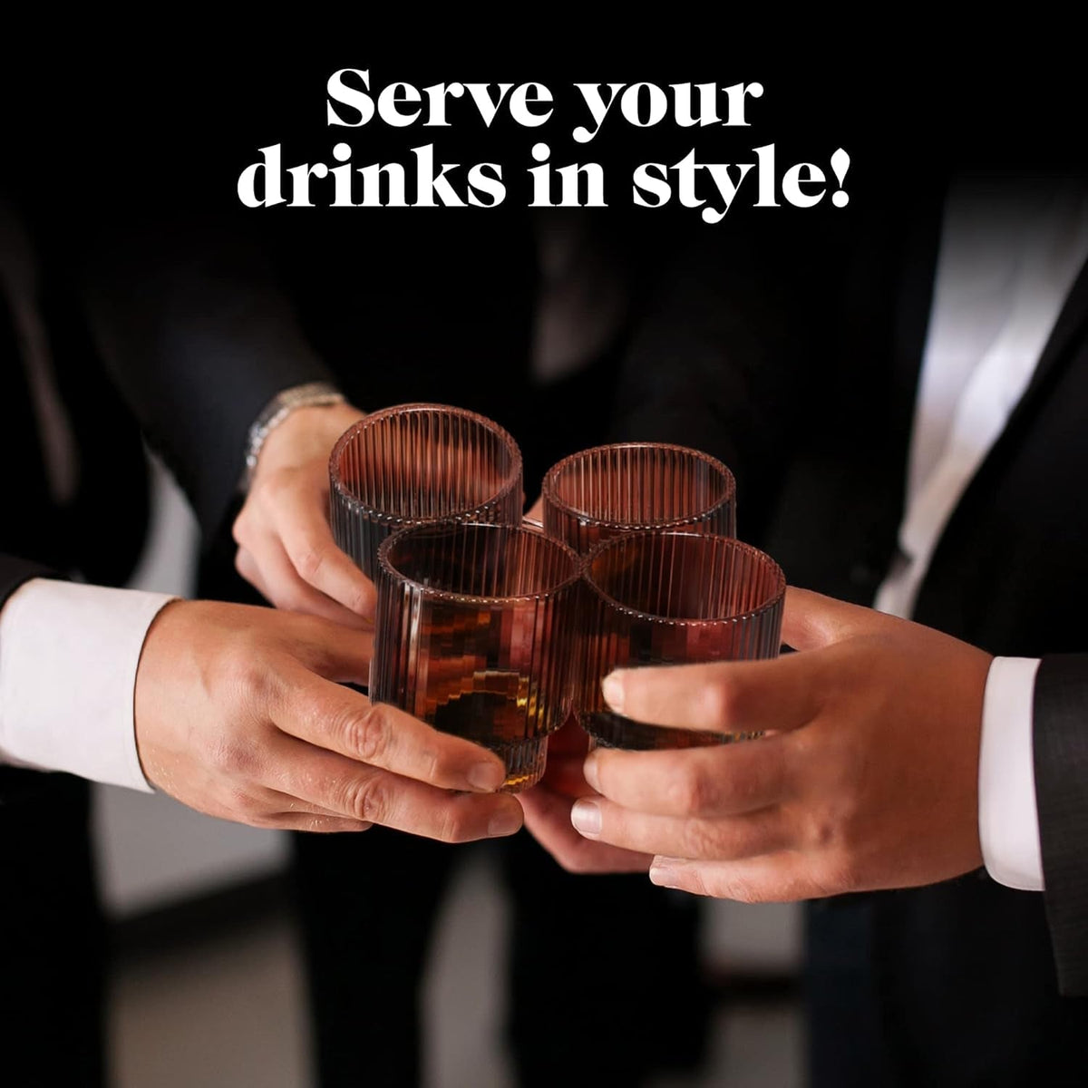 Vintage Art Deco Fluted Drinking Glasses, Set of 4 Modern Kitchen Glassware Set | Old Fashion Tumbler for Cocktails and Water | Ribbed Lowball Glass Cup for Whiskey (Smoke Grey)