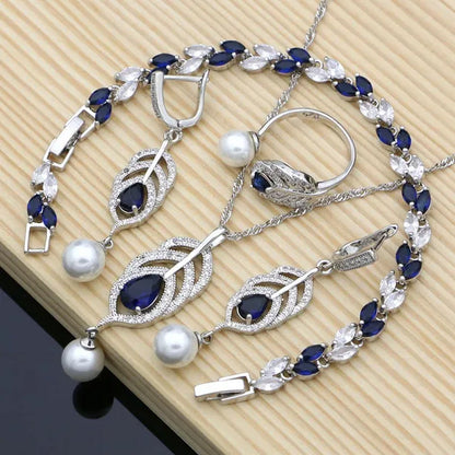 Freshwater Pearls Silver 925 Bridal Jewelry Sets Blue sapphire Beads Women Wedding Earrings/Pendant/Necklace/Ring/Bracelet