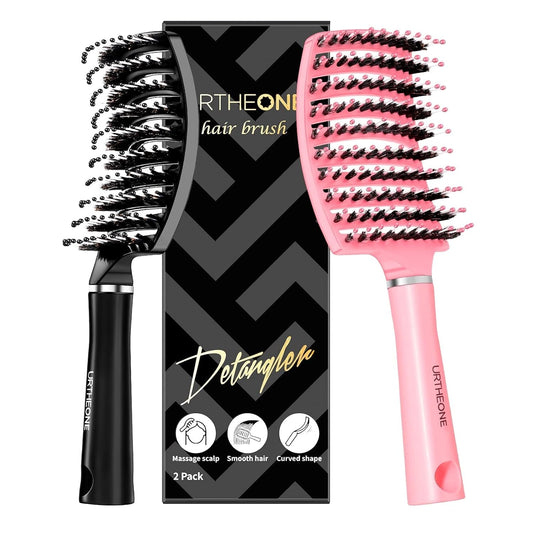 Hair Brush, Detangling Hairbrush Boar Bristle Curved Vented Hair Brush for Women Men Kids Curly Thick Long Short Wet or Dry Hair, Faster Blow Drying(2Pack, Black&Pink)