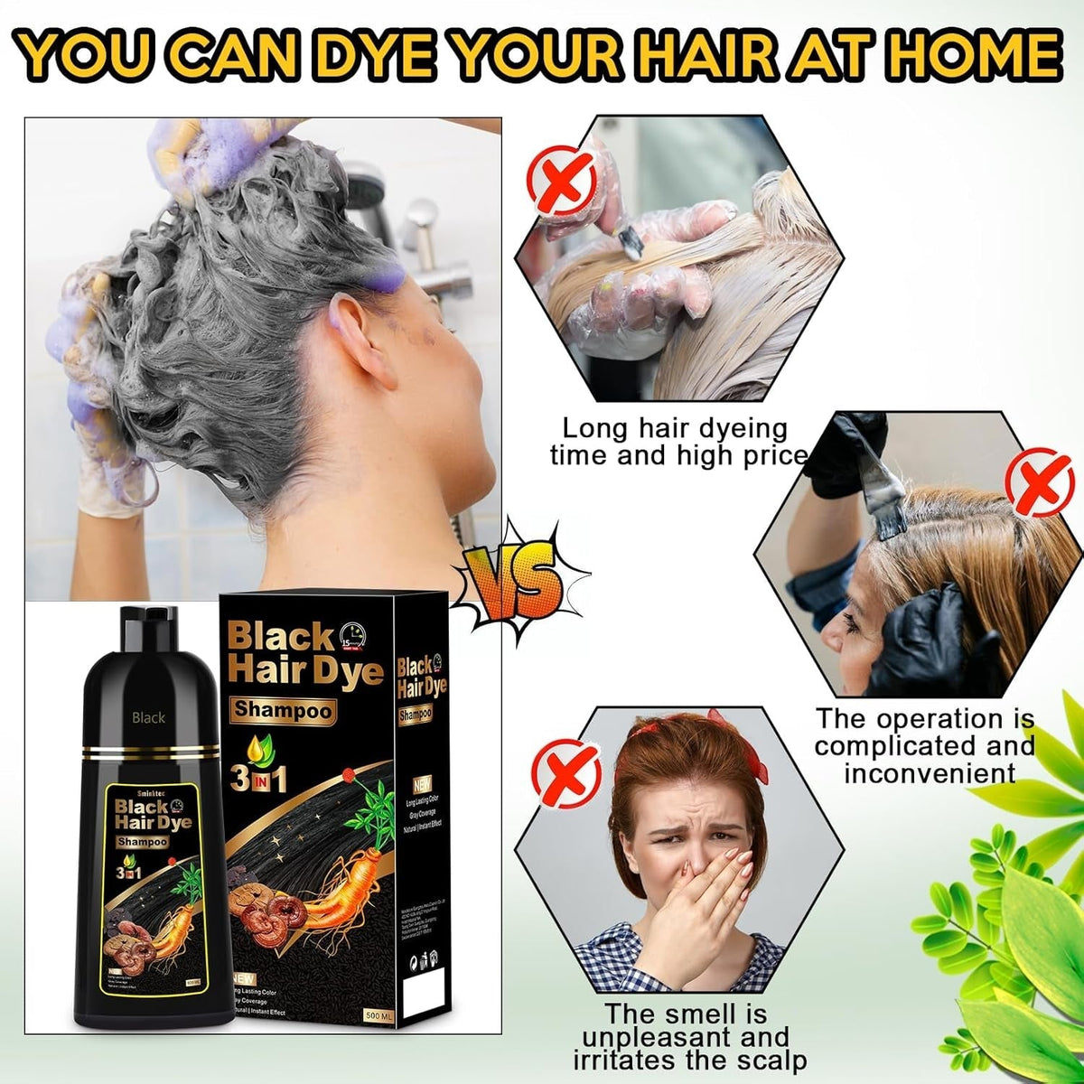 Hair Dye Shampoo 3 in 1 for Gray Hair, Herbal Ingredients Natural Shampoo Hair Dye for Women Men (Black)
