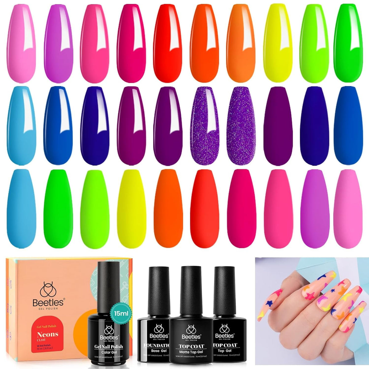 Beetles 23Pcs Gel Nail Polish Kit with Glossy Matte Top Coat and Base Coat Girls Night Collection White Nude Gray Glitters Gel Nail Polish Set U V Soak Off Holiday Manicure for Women Girls