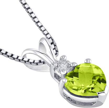 14K White Gold Peridot and Diamond Pendant for Women, Genuine Gemstone, Heart Shape Solitaire, 6Mm, 1 Carat Total, Real Gold Peridot Jewelry, August Birthstone Necklace, W/Jewelry Box
