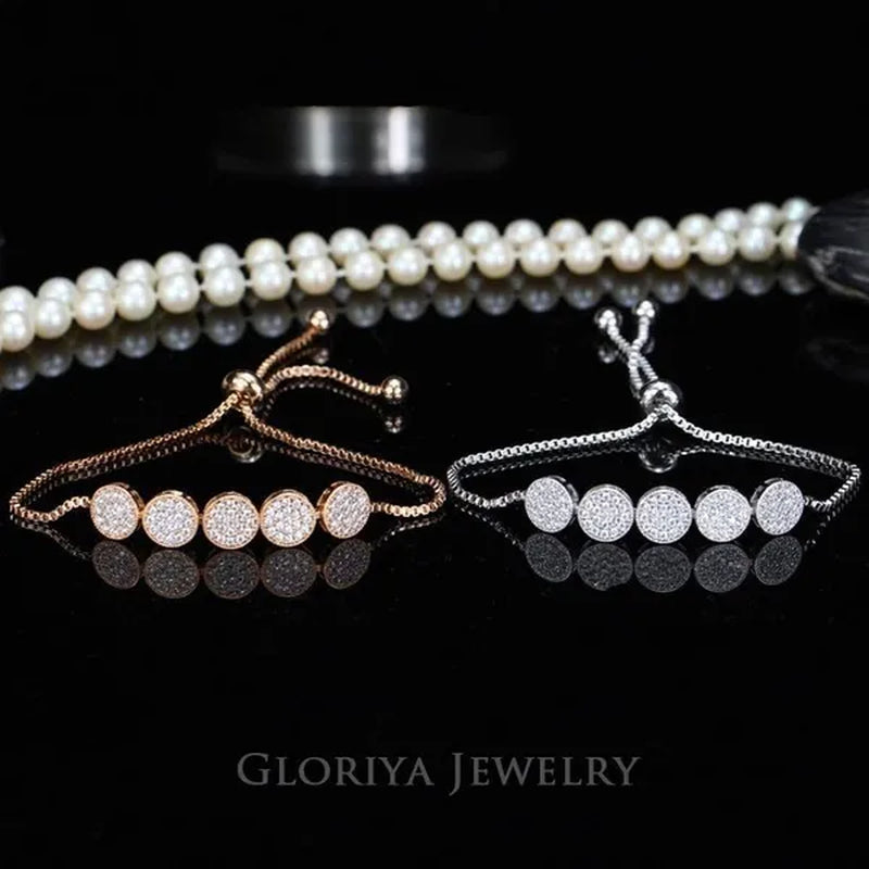 Gloriya Glitter 5 Pcs Round Shaped Full Micro Inlay Tiny CZ Zirconia Designer Bar Slider Bracelet Women Jewelry With White Gold Plated（Size :Adjustable）