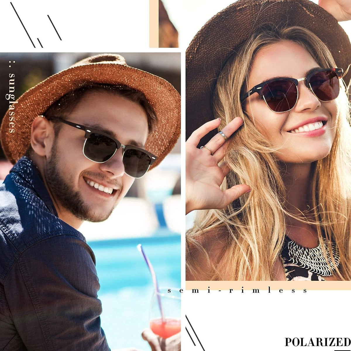 Polarized Semi Rimless Sunglasses for Men Women, Classic Retro Shades Half Frame Driving Sun Glasses UV Protection