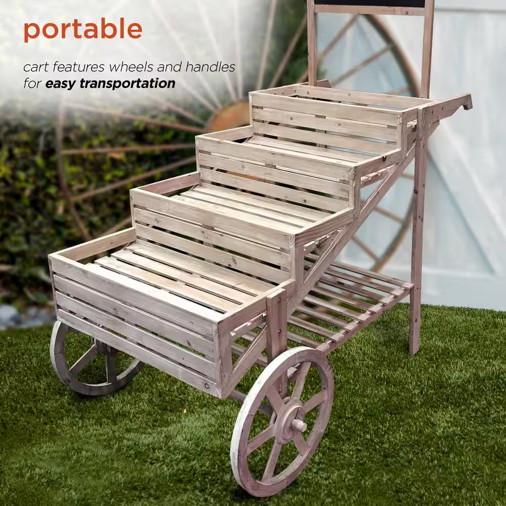 59 In. Tall Indoor/Outdoor Wooden Cart Plant and Display Stand with Chalkboard