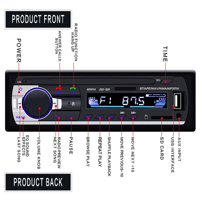 1DIN In-Dash Car Radio Stereo Remote Control Digital Bluetooth Audio Music Stereo 12V Car Radio USB/SD/AUX-IN Mp3 Player