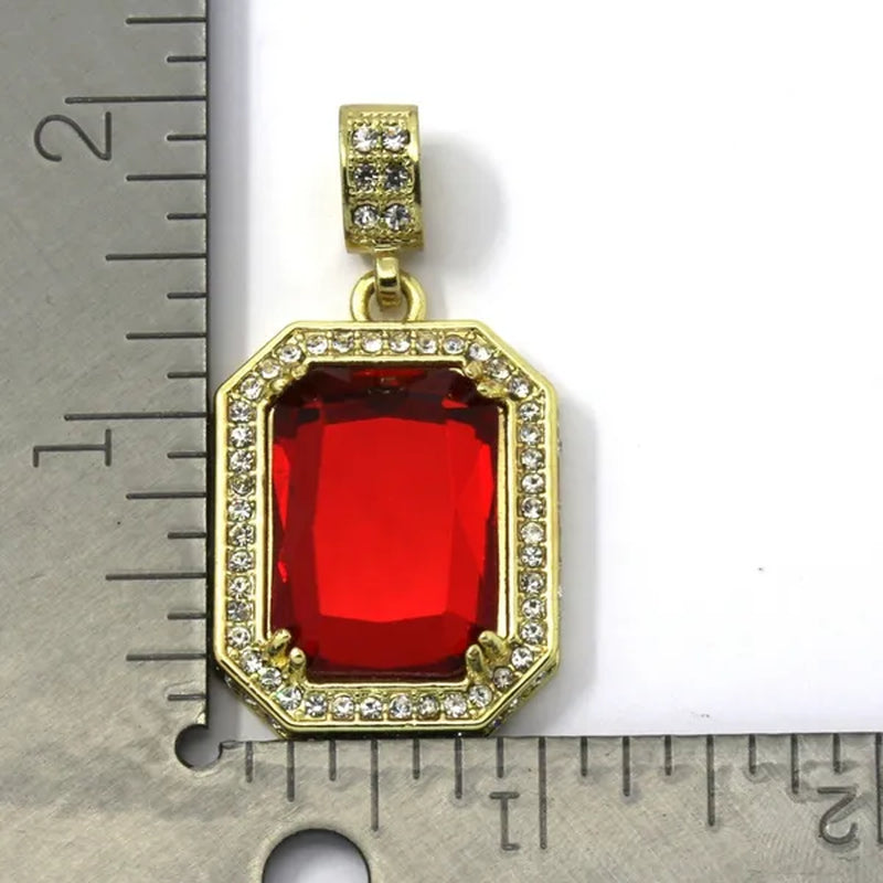 Men'S 14K Gold Plated High Fashion 2 Square Simulated Ruby Pendant 4Mm 30" & 24" Rope Chains Necklace