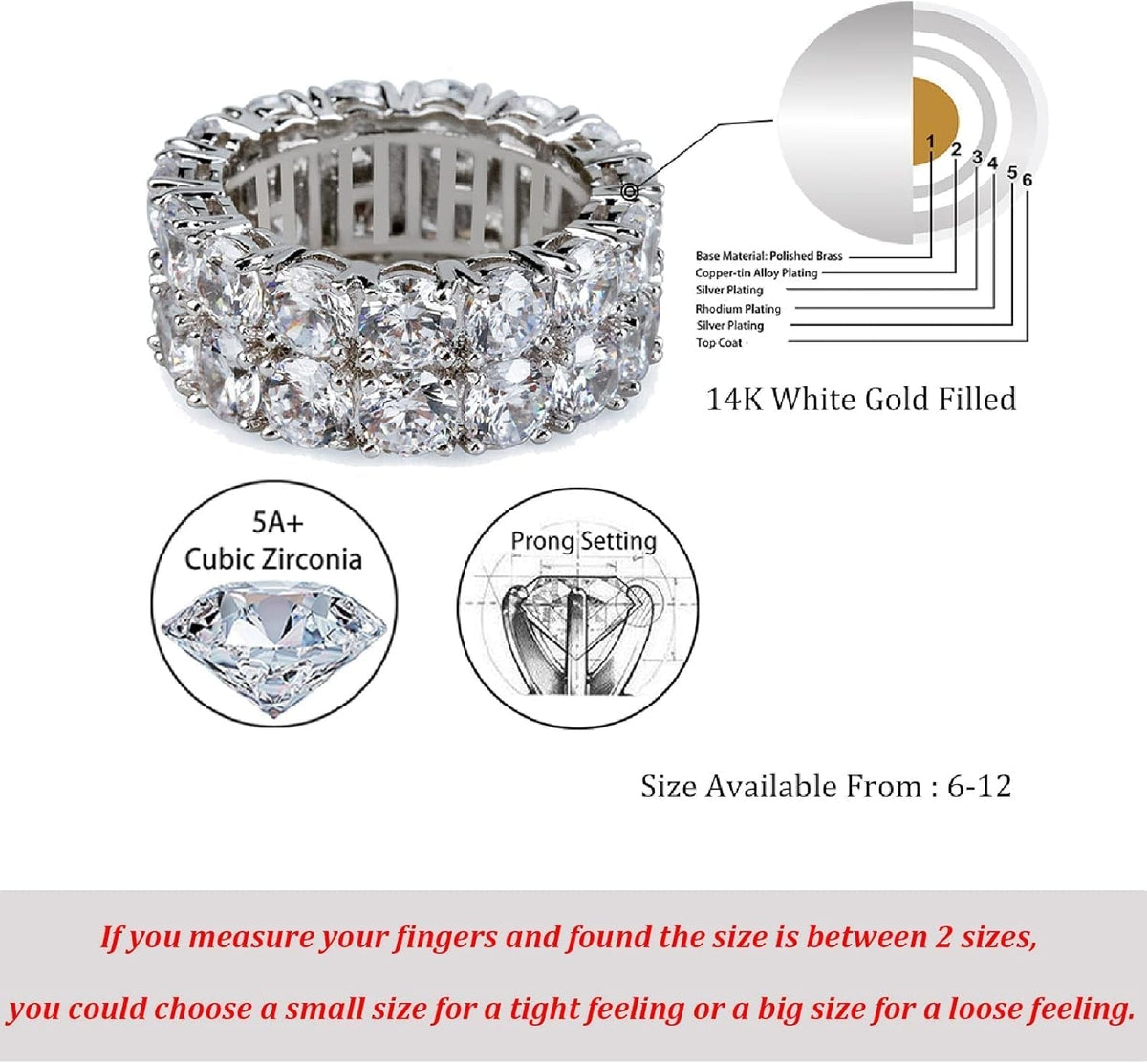 Rings for Men - Men'S 14K Gold Plated Brass, Chunky Faux Diamond Band Ring for Women, Unisex, 9Mm - 2 Rows round Cubic Zirconia Eternity