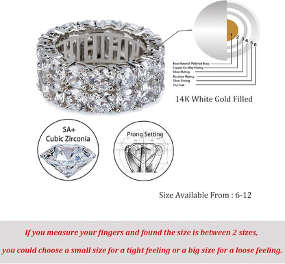 Rings for Men - Men'S 14K Gold Plated Brass, Chunky Faux Diamond Band Ring for Women, Unisex, 9Mm - 2 Rows round Cubic Zirconia Eternity