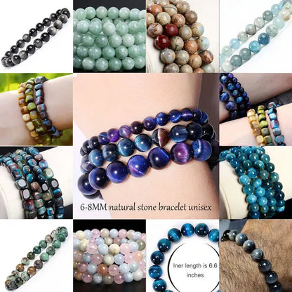 8mm Tiger Eye/Amethyst/Aquamarine/Agate/ Gemstone Bracelet Round Beads Stretch Bracelet Handmade Chakra Healing Stone Jewelry for Women Men Girls
