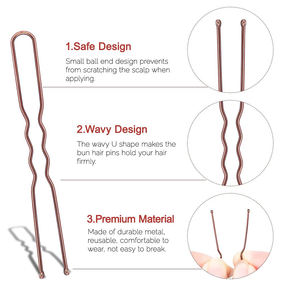 U Shaped Hair Pins,  2.4Inch Hair Pins for Women with Storage Box, Brown