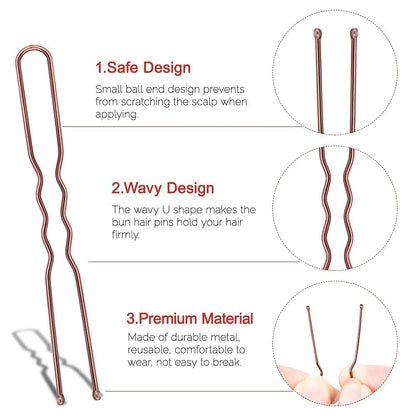 U Shaped Hair Pins,  2.4Inch Hair Pins for Women with Storage Box, Brown