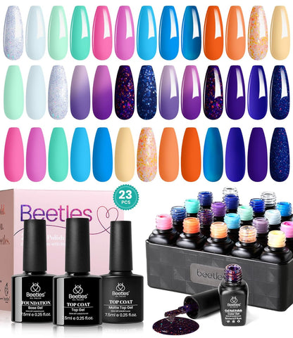 Beetles 23Pcs Gel Nail Polish Kit with Glossy Matte Top Coat and Base Coat Girls Night Collection White Nude Gray Glitters Gel Nail Polish Set U V Soak Off Holiday Manicure for Women Girls