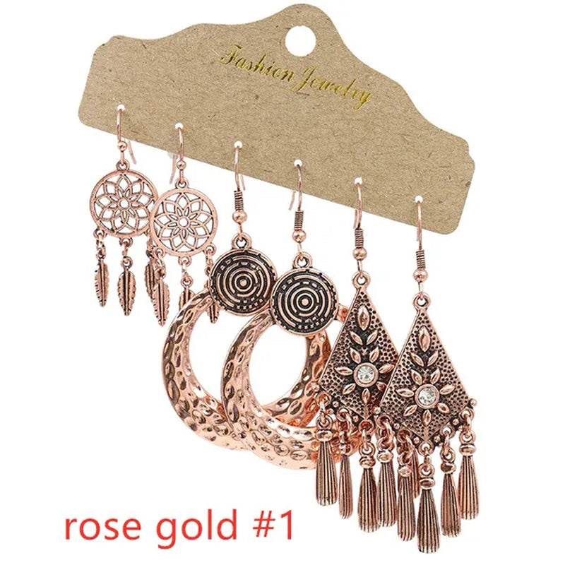 3 Pairs Women's Fashion Jewelry Vintage Bohemian Ethnic Carved Dangle Earrings for Women Charm Geometry Leaves Hoop Earring Wedding Engagement Party Banquet Earrings