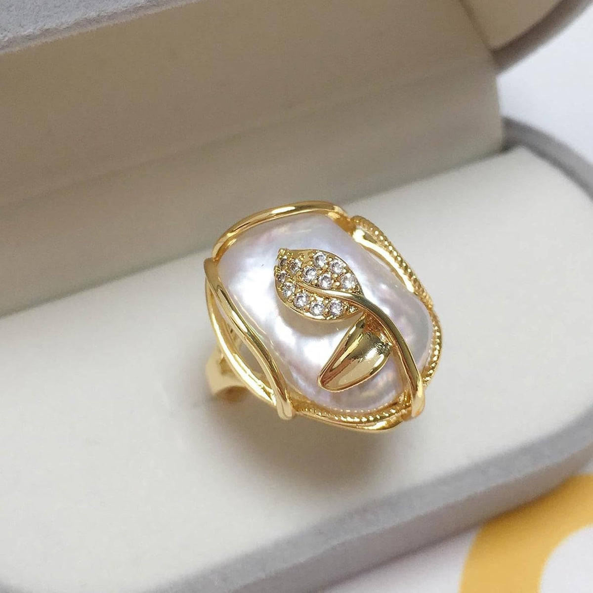 Irregular Pearl Ring, Baroque Pearl Leaf Shape Rhinestone Ring, Gold Vintage Pearl Stacking Ring, Open End Adjustable Statement Ring, Fashion Jewelry Ring Gift for Women