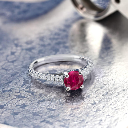925 Sterling Silver Red Created Ruby and White Moissanite Engagement Ring for Women (1.73 Cttw, round 7MM, Available in Size 5, 6, 7, 8, 9)