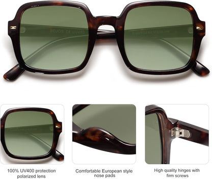 Retro Square Polarized Sunglasses for Women Men Classic Trendy Sunnies SJ2226, Dark Tortoise/Green