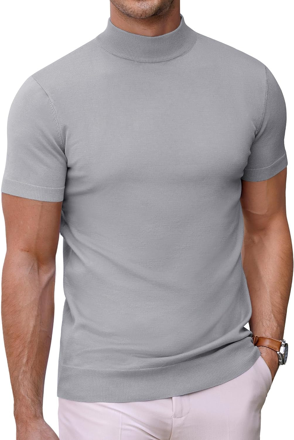 Mens Mock Turtleneck Sweater Short Sleeve Solid Color T-Shirts Basic Slim Fit Knitted Pullover Tees