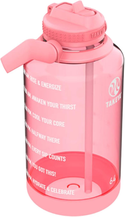 64 Oz Motivational Water Bottle with Straw Lid with Time Marker, Half Gallon, Premium Quality BPA Free Tritan Plastic, Flutter Pink