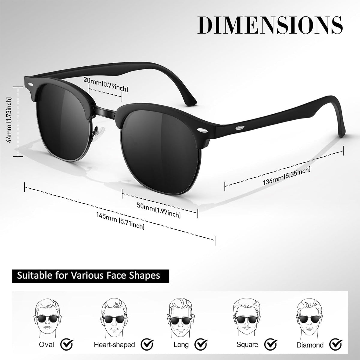 Polarized Semi Rimless Sunglasses for Men Women, Classic Retro Shades Half Frame Driving Sun Glasses UV Protection