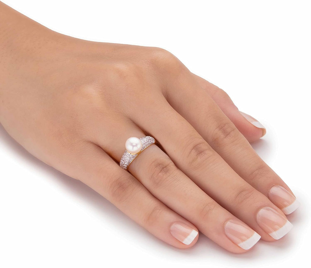 14K Yellow Gold over Sterling Silver Genuine round Cultured Freshwater Pearl and Cubic Zirconia Ring (5/8 Cttw)