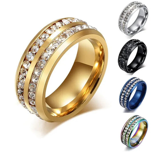 Fashion Exquisite Women Men 8mm Stainless Steel Unique Double Row Crystal Diamond Ring Wedding Band Jewelry Gifts(Size 5-13)