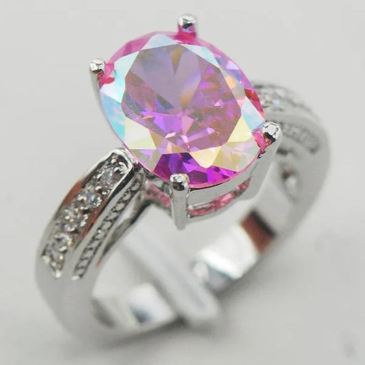 Pink Sapphire White Topaz 925 Sterling Silver Ring Size 5 6 7 8 9 F849