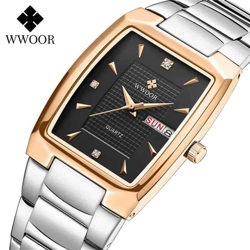 2021 Men's Watch WWOOR Top Brand Luxury Gold Blue Black Watch Men's Square Business Sports Quartz Waterproof Stainless Steel Watch Relogio Masculino