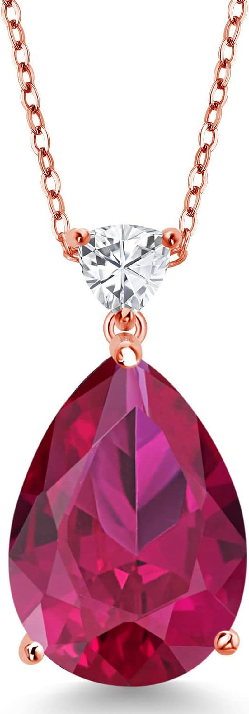 18K Rose Gold Plated Silver Pear Shape Red Created Ruby Pendant Necklace for Women 13.77 Cttw, with 18 Inch Chain)