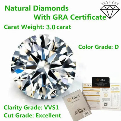 Natural Diamonds D Color Round Shape VVS1 Excellent Clarity Natual Diamonds With GRA Certificate Report and Card 1.0 Carat/ 2.0 Carat /3.0 Carat,Retail Price $9999