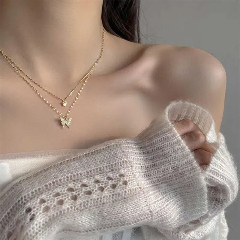 Delicate and Creative Women's Zircon Necklace Butterfly Necklace Double Layer Necklace Women's Geometric Necklace Butterfly Necklace Fashion Women's Jewelry Accessories Festival Wedding Engagement Valentine's Day Anniversary Gift Christmas Gift Jewelry