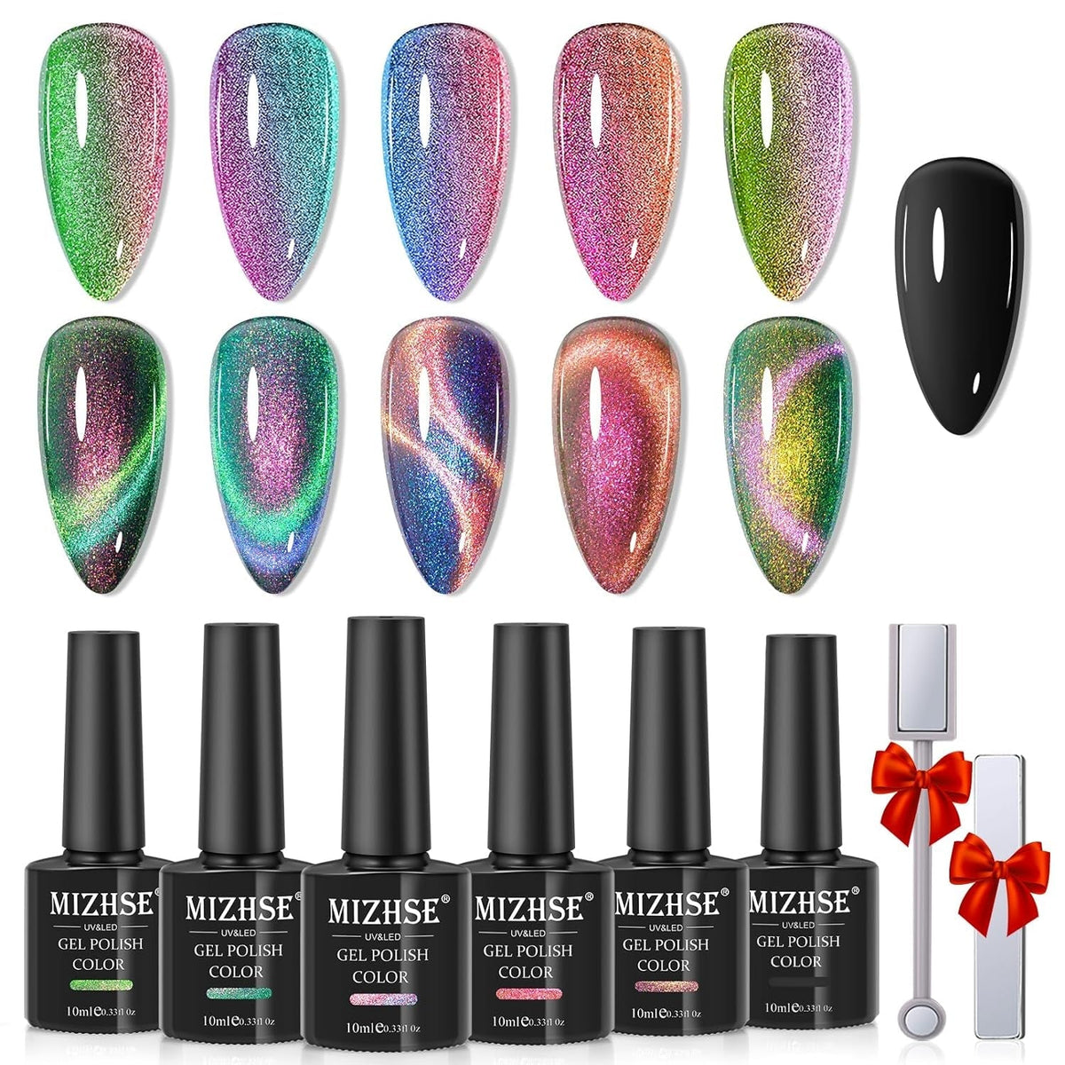 9D Cat Eye Gel Nail Polish, Magnetic Cat Eye Gel Polish Set, 10ml*6 with 2 Magnets, Classic Colors Chameleon Magic Galaxy Effect Soak off Nail Art - Sparkle Stunning Gel Polish Gift for Women