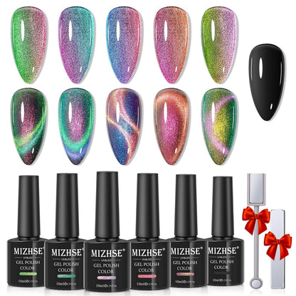 9D Cat Eye Gel Nail Polish, Magnetic Cat Eye Gel Polish Set, 10ml*6 with 2 Magnets, Classic Colors Chameleon Magic Galaxy Effect Soak off Nail Art - Sparkle Stunning Gel Polish Gift for Women