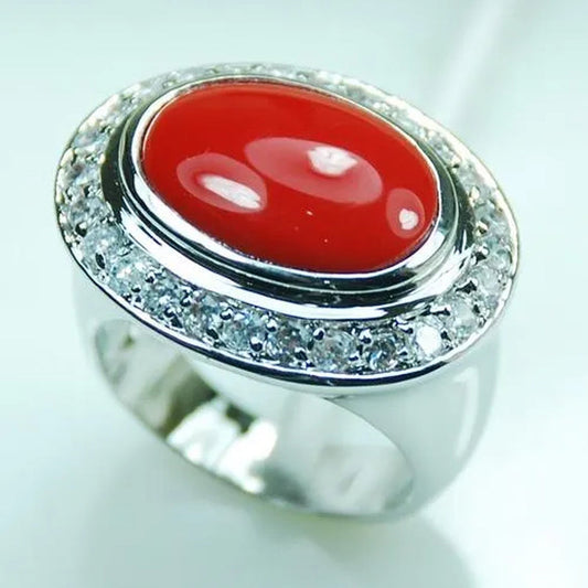 Red Coral White Topaz 925 Sterling Silver Fashion Ring Size 6 7 8 9 10 F986