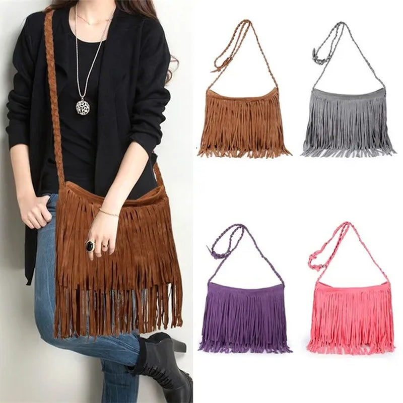 Womens Fashion Faux Suede Fringe Tassel Shoulder Bag Beach Handbags Messenger Bag（6 Colors）