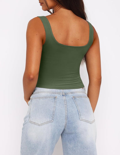 Women'S Square Neck Sleeveless Crop Tops 2025 Cute Double Layer Seamless Slim Fit Y2K Tank Tops
