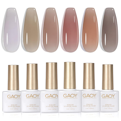 Jelly Milky White Gel Nail Polish Set, 6 Translucent Sheer Maroon UV Colors for Art Home DIY Manicure Kit