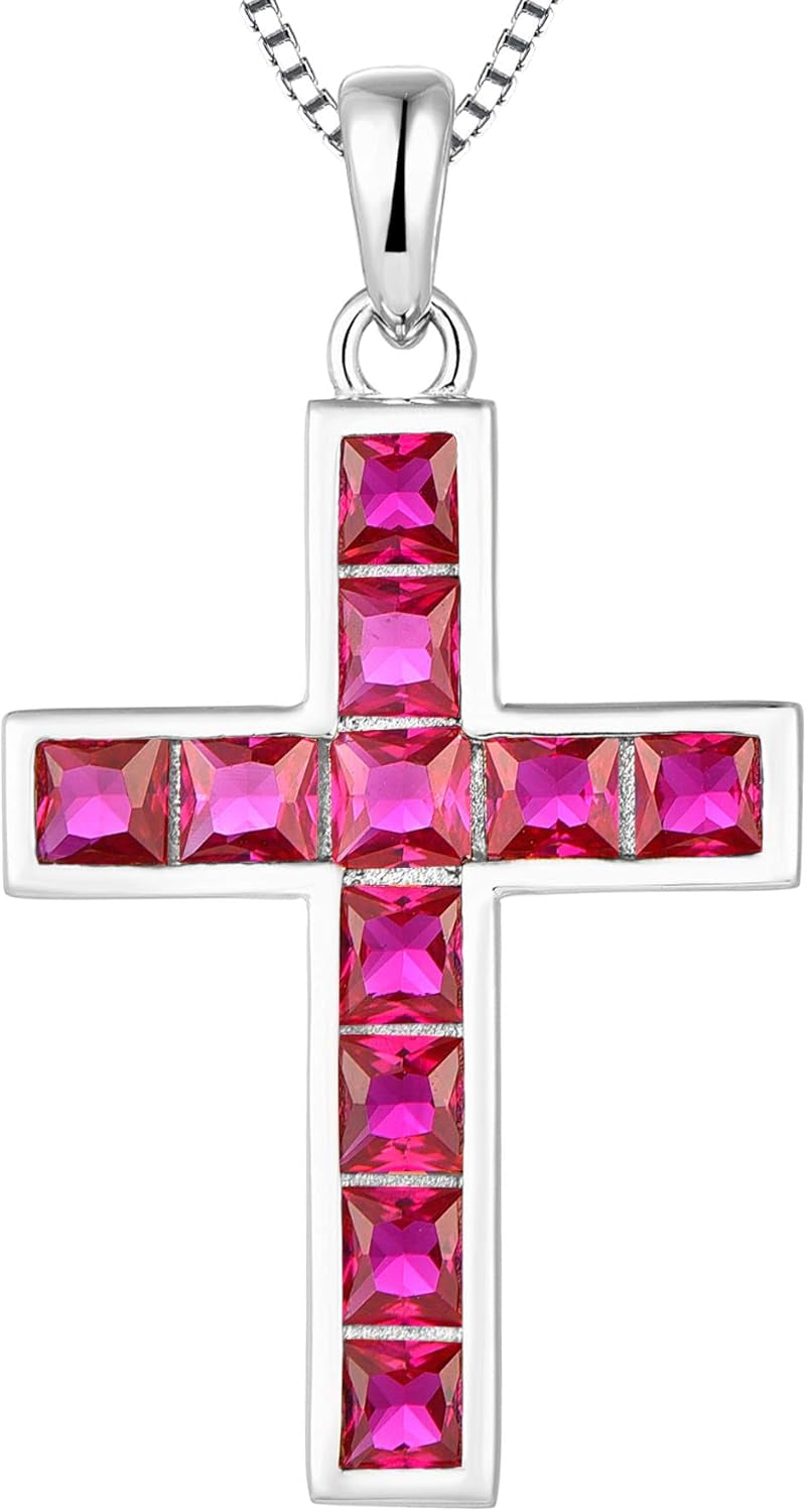 925 Sterling Silver Cross Necklace for Women Halo Pendant Princess Cut Birthstone Jewelry for Mom