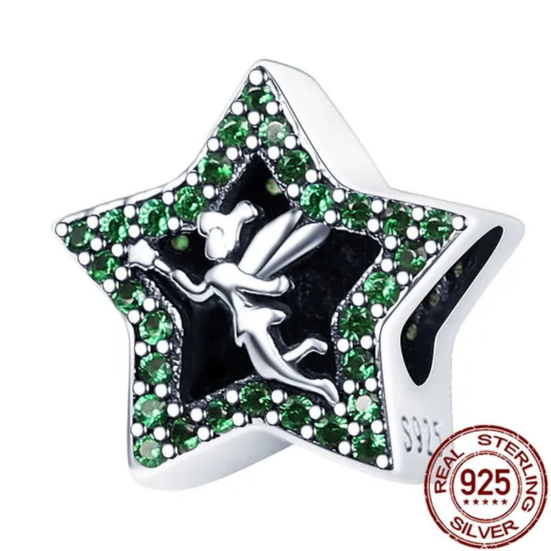 Europen S925 Sterling Silver with Green Zircon Five Pointed Star Forest Flower Fairy Charm Fit Bracelet DIY