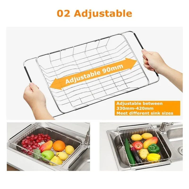 Kitchen Storage Organizer Dish Drainer Drying Rack Sink Holder Tray For Plates Bowl Cup Tableware Shelf Basket Adjustable Stainless Steel Dish Rack Drainer