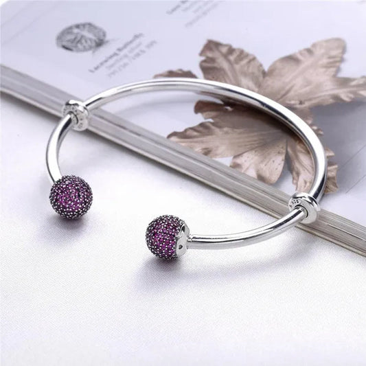 925 Sterling Silver Open Bangle with Ruby Cz Pave Ball Charm Bangle Bracelet