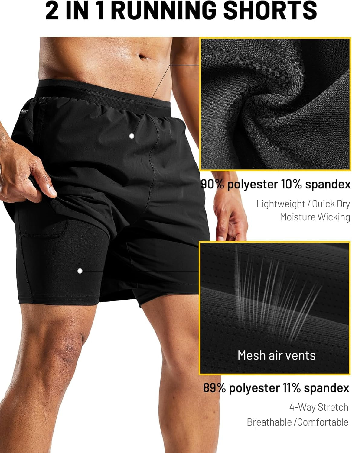 Men'S 2 in 1 Running Shorts with Liner 5" Quick Dry Gym Workout Athletic Shorts with Pockets, Lightweight, Breathable