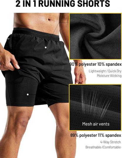 Men'S 2 in 1 Running Shorts with Liner 5" Quick Dry Gym Workout Athletic Shorts with Pockets, Lightweight, Breathable