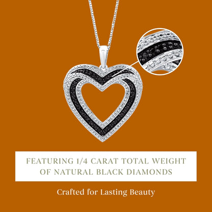 Sterling Silver Necklace with Natural Round-Cut Black Diamond and Heart Shaped Pendant, 18-Inch White Silver Chain, 1/4 Carat Total Weight Diamonds, Elegant Gift Box Included