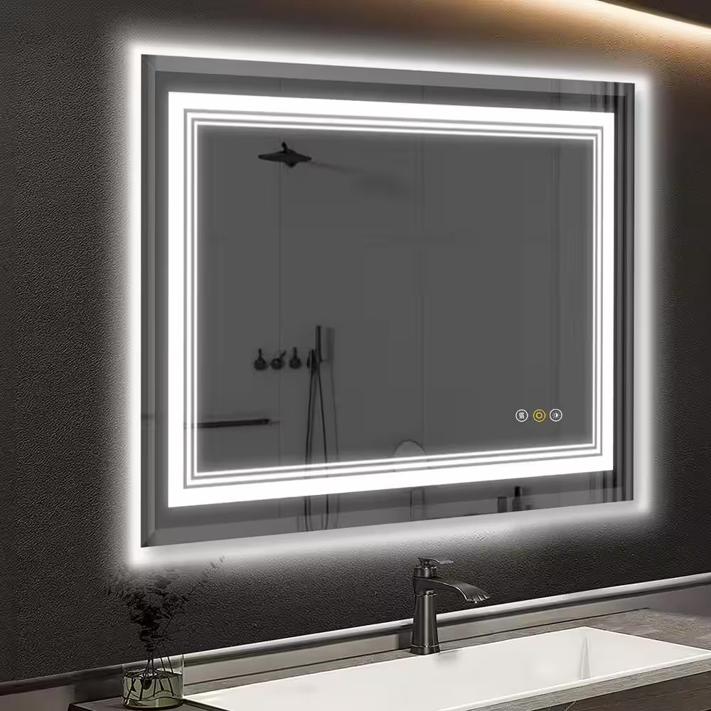 RS 48 In. W X 36 In. H Rectangular Beveled Edge 3 Colors Dimmable LED Anti-Fog Memory Wall Mount Bathroom Vanity Mirror