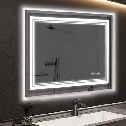 RS 48 In. W X 36 In. H Rectangular Beveled Edge 3 Colors Dimmable LED Anti-Fog Memory Wall Mount Bathroom Vanity Mirror