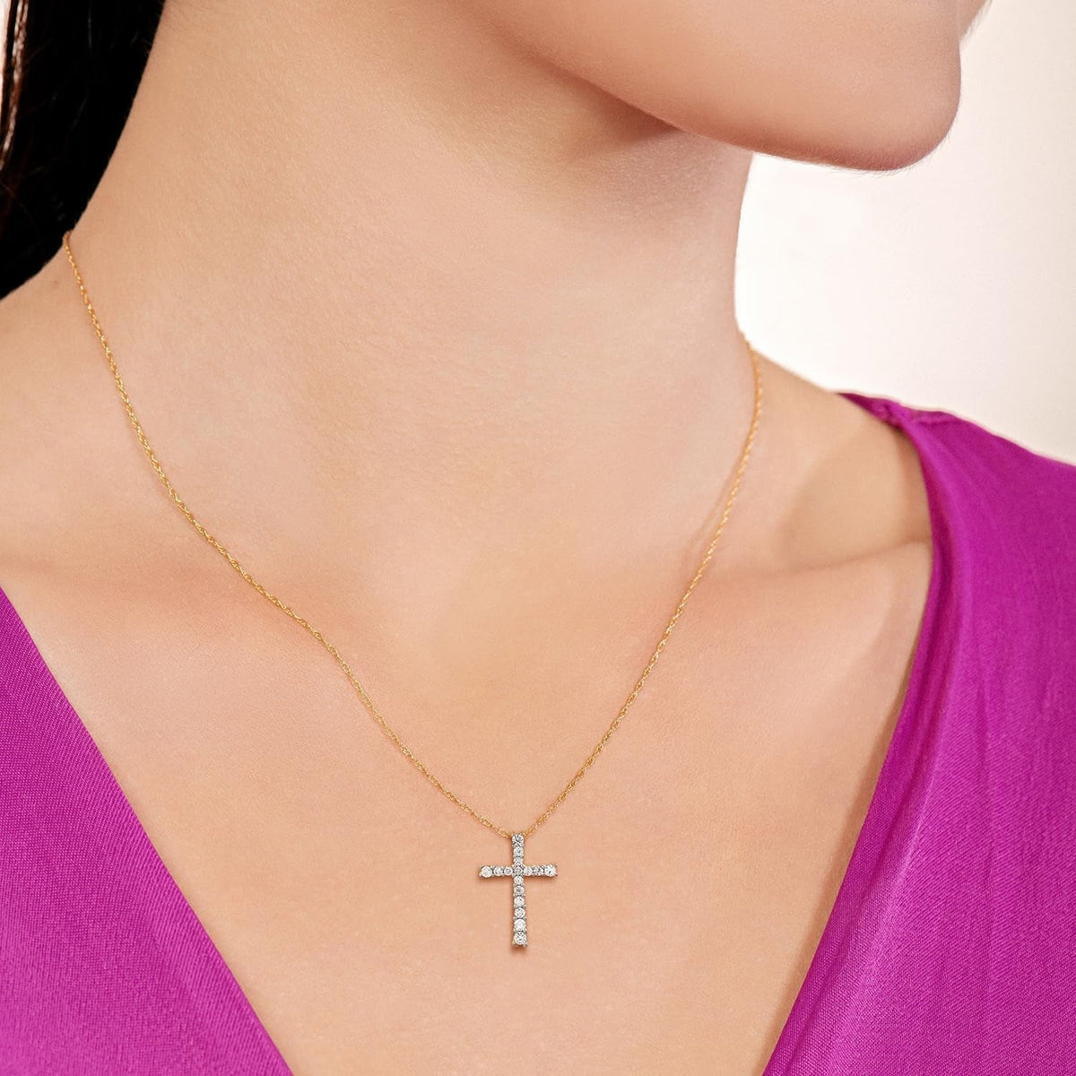10K Yellow Gold Cross Pendant Necklace for Women | 1/2 CTTW Natural White round Diamonds | 18" Rope Chain | Luxury Jewelry with Gift Box | Timeless Fashion Jewelry Gift for Her