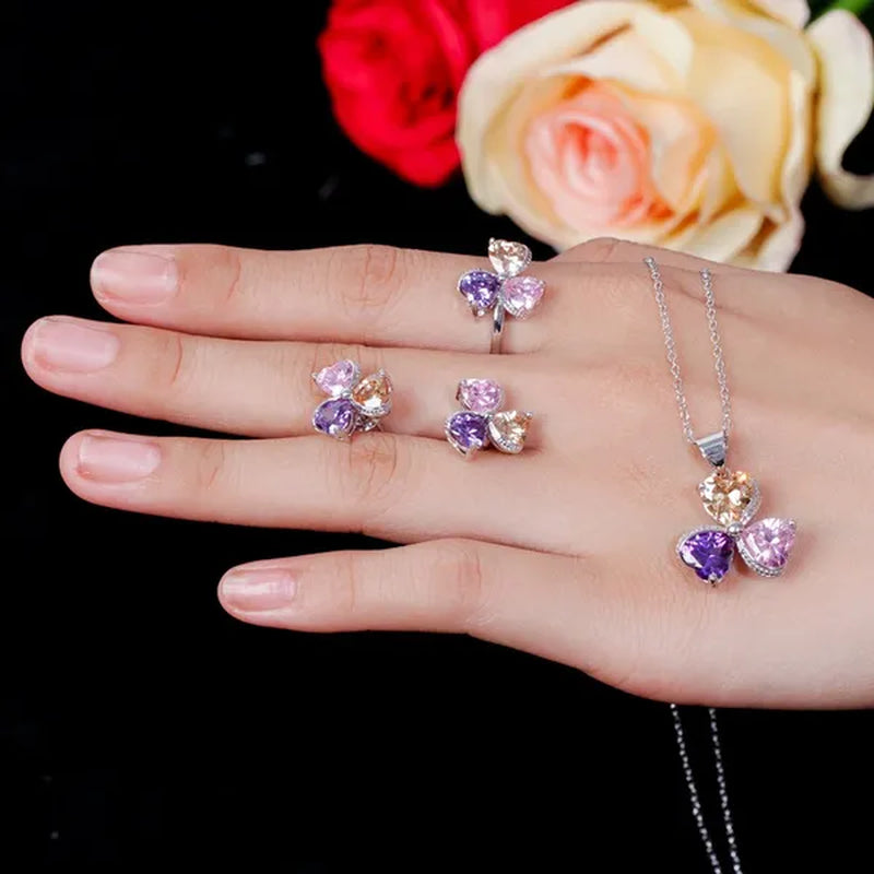 CANDICE Sterling Silver Plated Heart Shape Jewelry Set Pave Austrian Purple Pink Champagne Crystal Drop Dangle Necklace Earrings Ring Sets for Women Girls