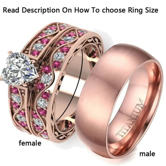 Two Rings Couple Rings Titanium Steel Band 10kt Rose Gold Filled Cocktail Heart Zircon Ruby Women's Wedding Ring Sets